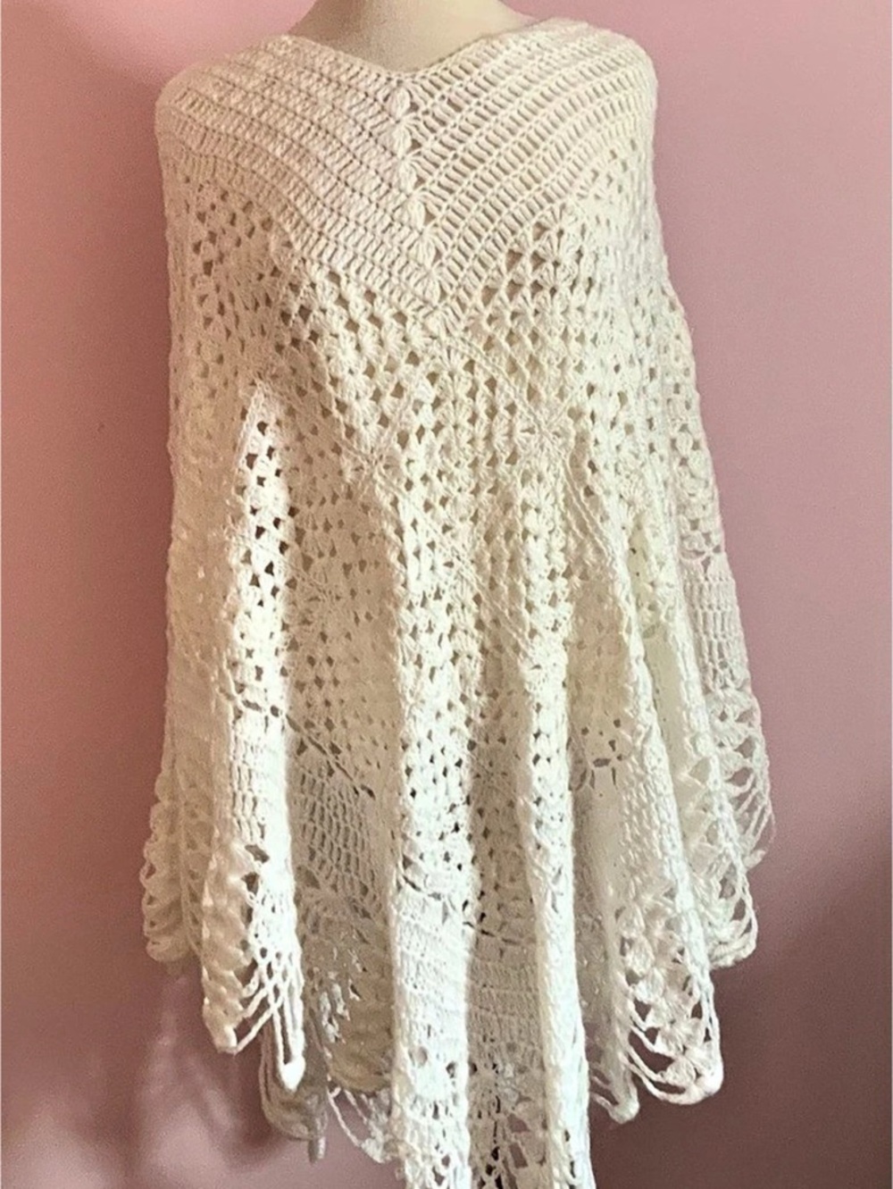 Vintage Crochet Fringe Poncho in White